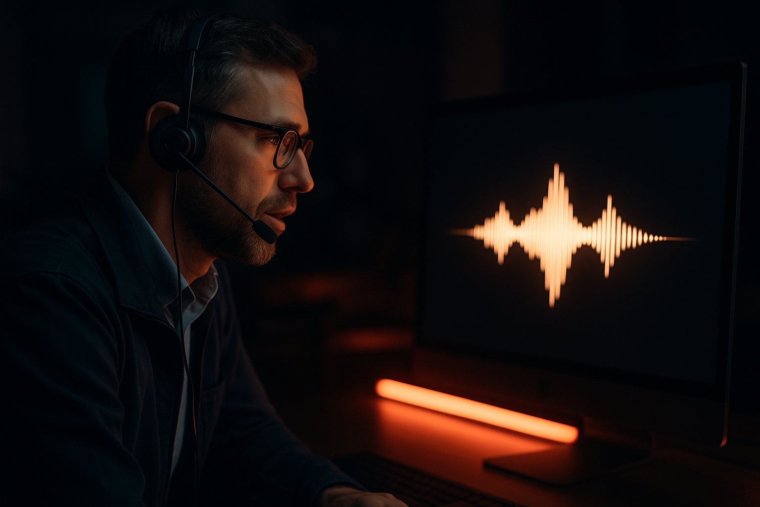 An Ethersbyte engineer testing an AI voice assistant against a live waveform dashboard