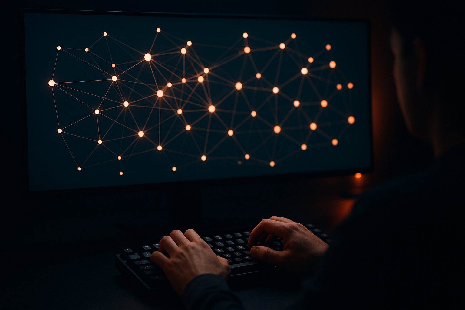 A developer working on a glowing blockchain network graph and token dashboard