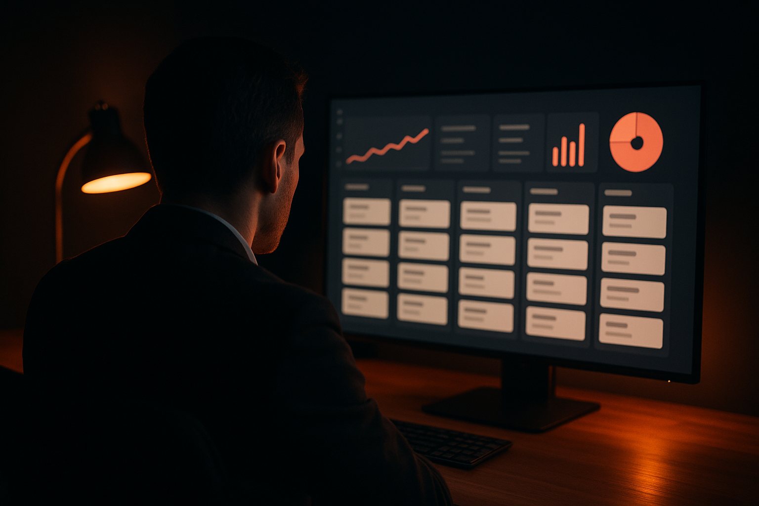 An automated CRM pipeline dashboard with lead cards and graphs on a large monitor