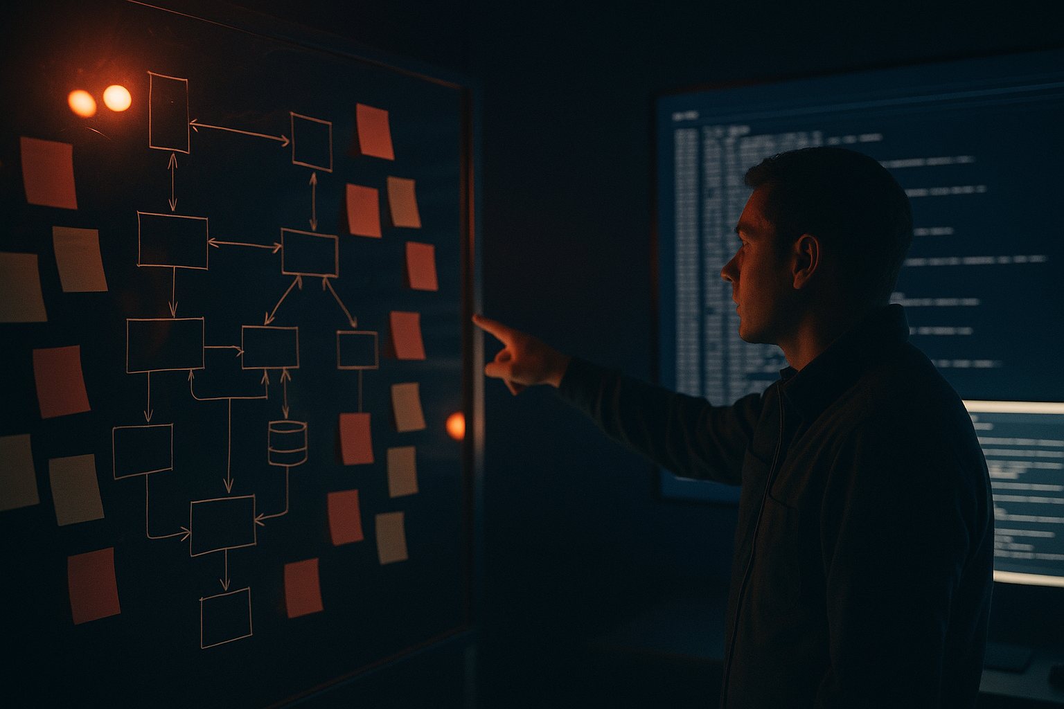 API request logs streaming on a wall screen beside an architecture diagram