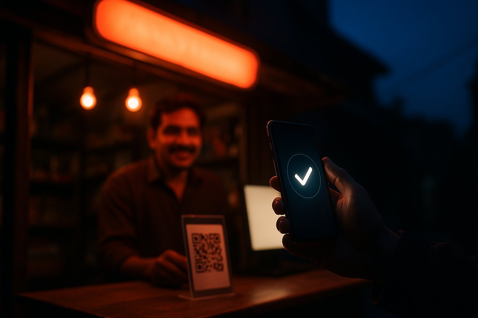 A customer paying a shopkeeper by scanning a UPI QR standee at dusk