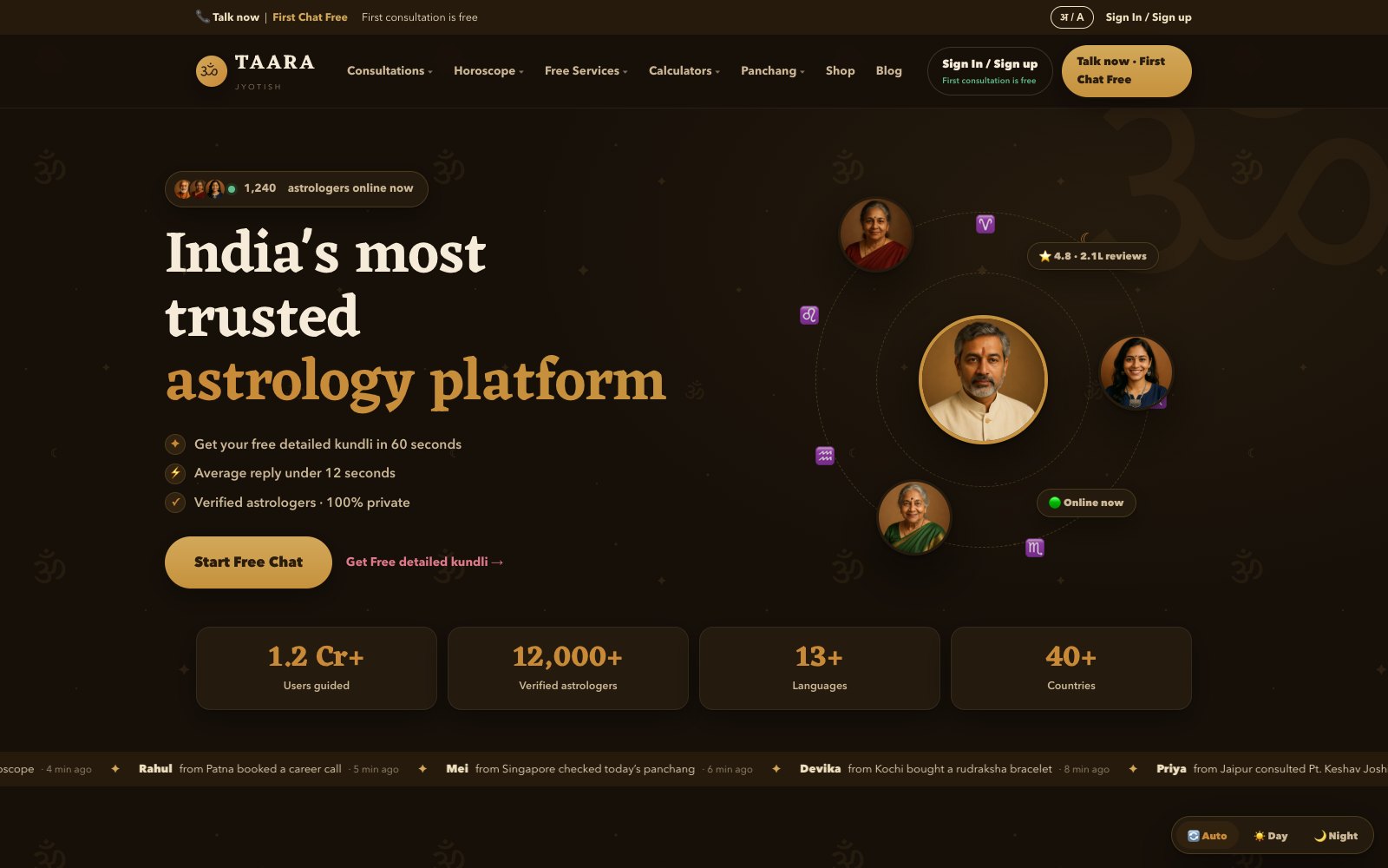 The Taara astrology platform homepage, live in production